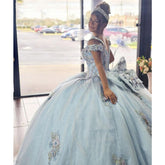 Exquisite Sky Blue Ball Gown Off-Shoulder Beaded Tulle Quinceanera Dress with Floral Appliques for Princess Birthday & Sweet 16 Celebrations